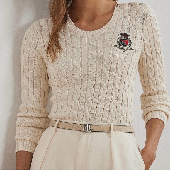 Ralph Lauren Sweaters - Ralph Lauren Beige Cable Knit Sweater with Crest Patch